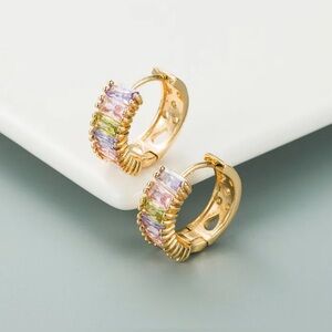 Pastel Baguette CZ Spring Tones 18K Gold-Plated Huggie Hoop Earrings